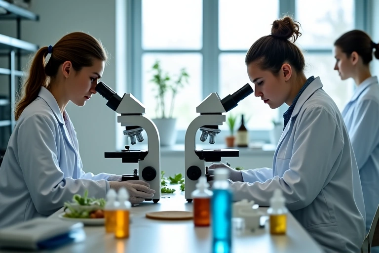 Laboratorium z naukowcami badającymi naturalne składniki, symbolizujące jakość i badania.