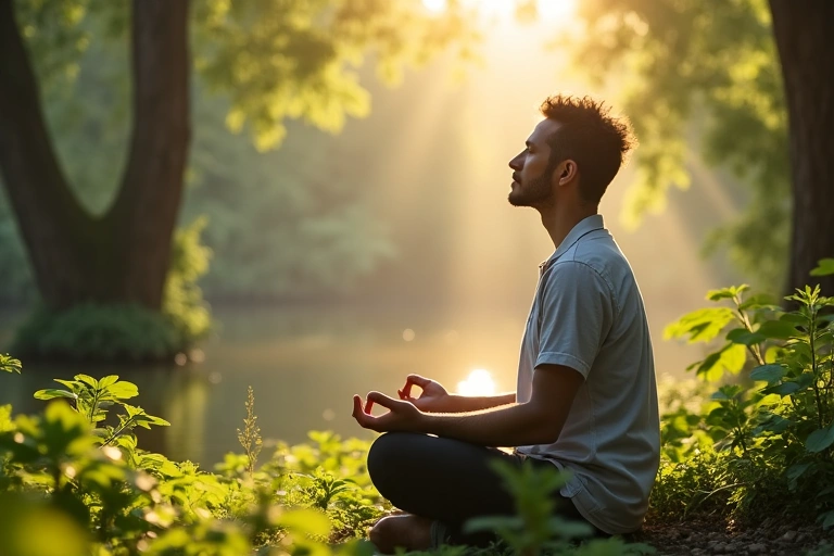 Mężczyzna medytujący w otoczeniu natury, symbolizujący holistyczne podejście do zdrowia.