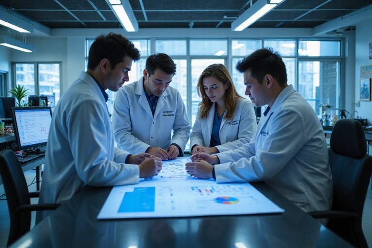 Naukowcy omawiający wyniki badań w nowoczesnym laboratorium, symbolizujący proces badawczo-rozwojowy.