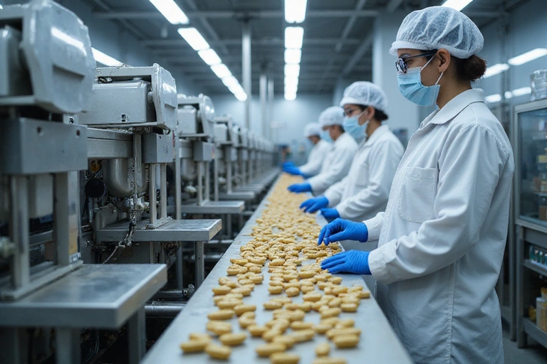 Nowoczesna linia produkcyjna w fabryce suplementów, symbolizująca kontrolę jakości i certyfikację.