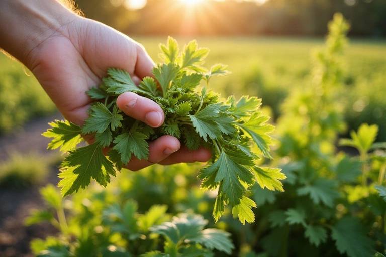 Ręka zbierająca świeże zioła na polu, symbolizująca etyczne pozyskiwanie składników.