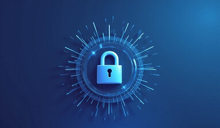 Ilustracja przedstawiająca bezpieczne przechowywanie danych, cyfrową kłódkę i tarczę, symbolizującą ochronę prywatności.