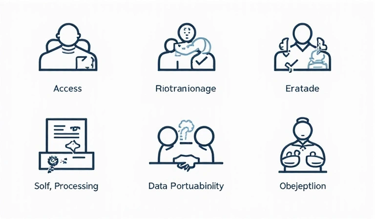 Symboliczne przedstawienie praw użytkowników do ich danych osobowych, z ikonami reprezentującymi dostęp, sprostowanie, usunięcie i przenoszenie danych.